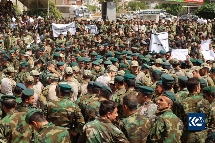 Peshmerga, security, and police forces protest in Sulaimani against Iraqi Parliament's decision to void their votes, June 13, 2018. (Photo: Kurdistan 24/Ibrahim Fatah)